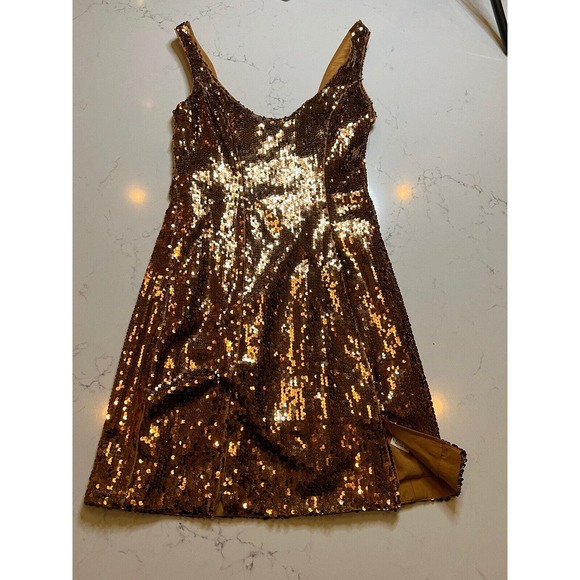 Asos Design Mini Dress Womens Size 0 Gold Bronze Sequin Sleeveless Scoop Neck - Picture 3 of 5